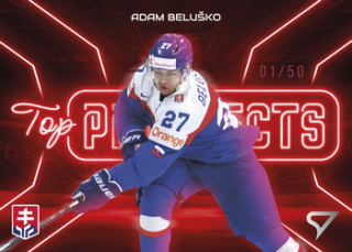 2026 Hokejové Slovensko - Adam BELUŠKO č. TP-05 Top Prospects Neon Red x/50
