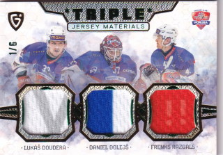 24-25 GOAL Cards - Lukáš DOUDERA, Daniel DOLEJŠ, Frenks RAZGALS č. JM-17 Triple Jersey Materials 1/6